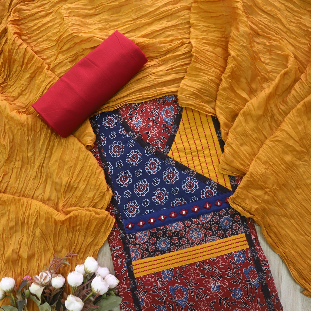 Rukshat Maroon Red Kutch Neck Work Angrakha Cotton Suit Set