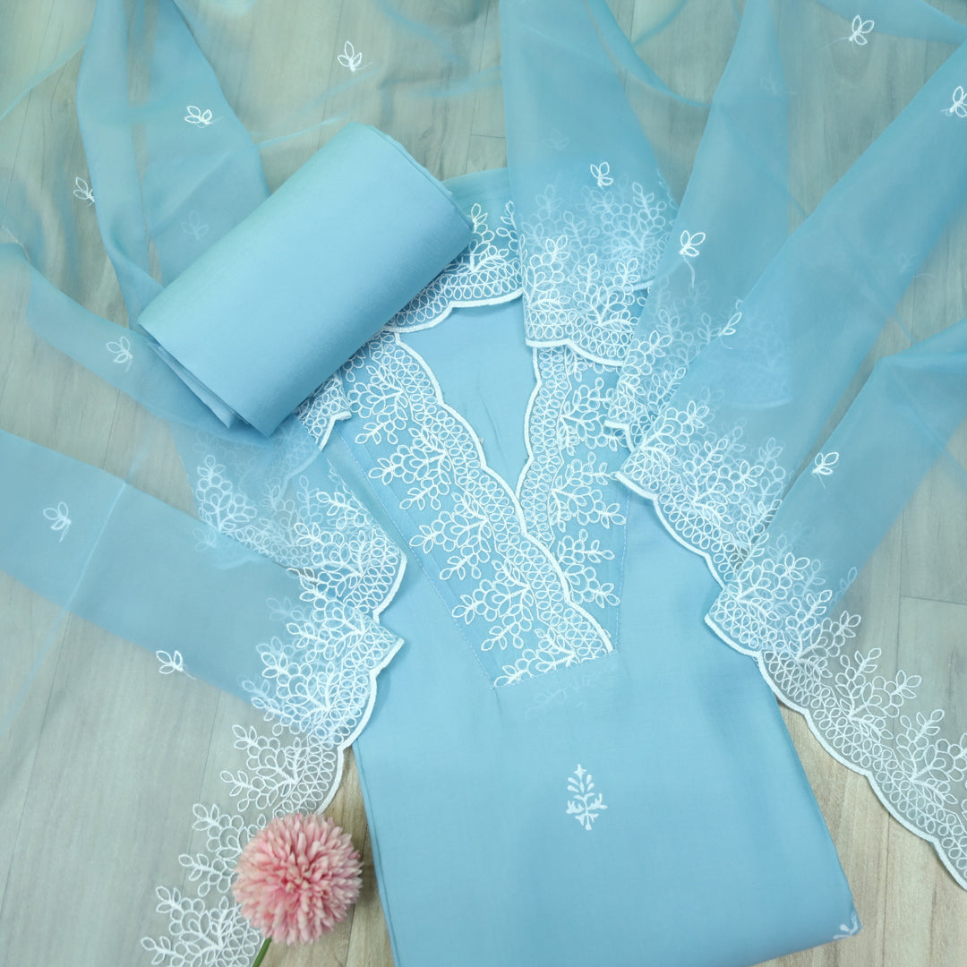Naina Sapphire Blue V Neck Organza Lace Work Modal Suit Set