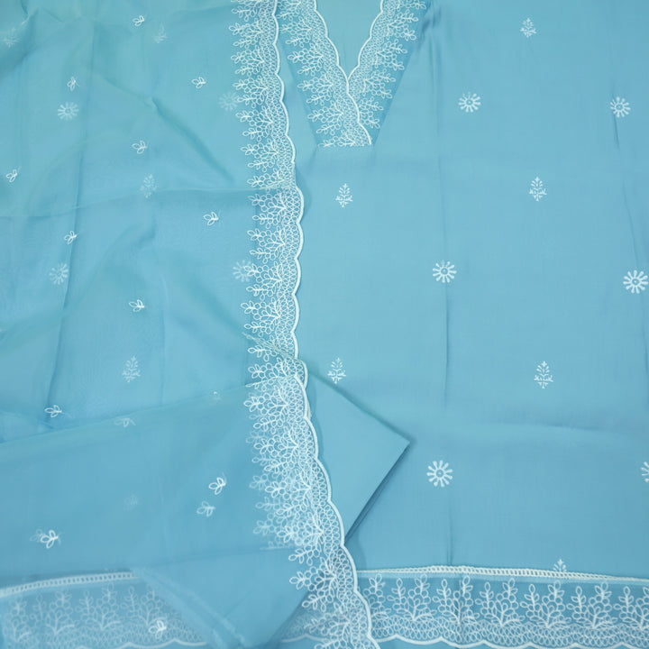 Naina Sapphire Blue V Neck Organza Lace Work Modal Suit Set