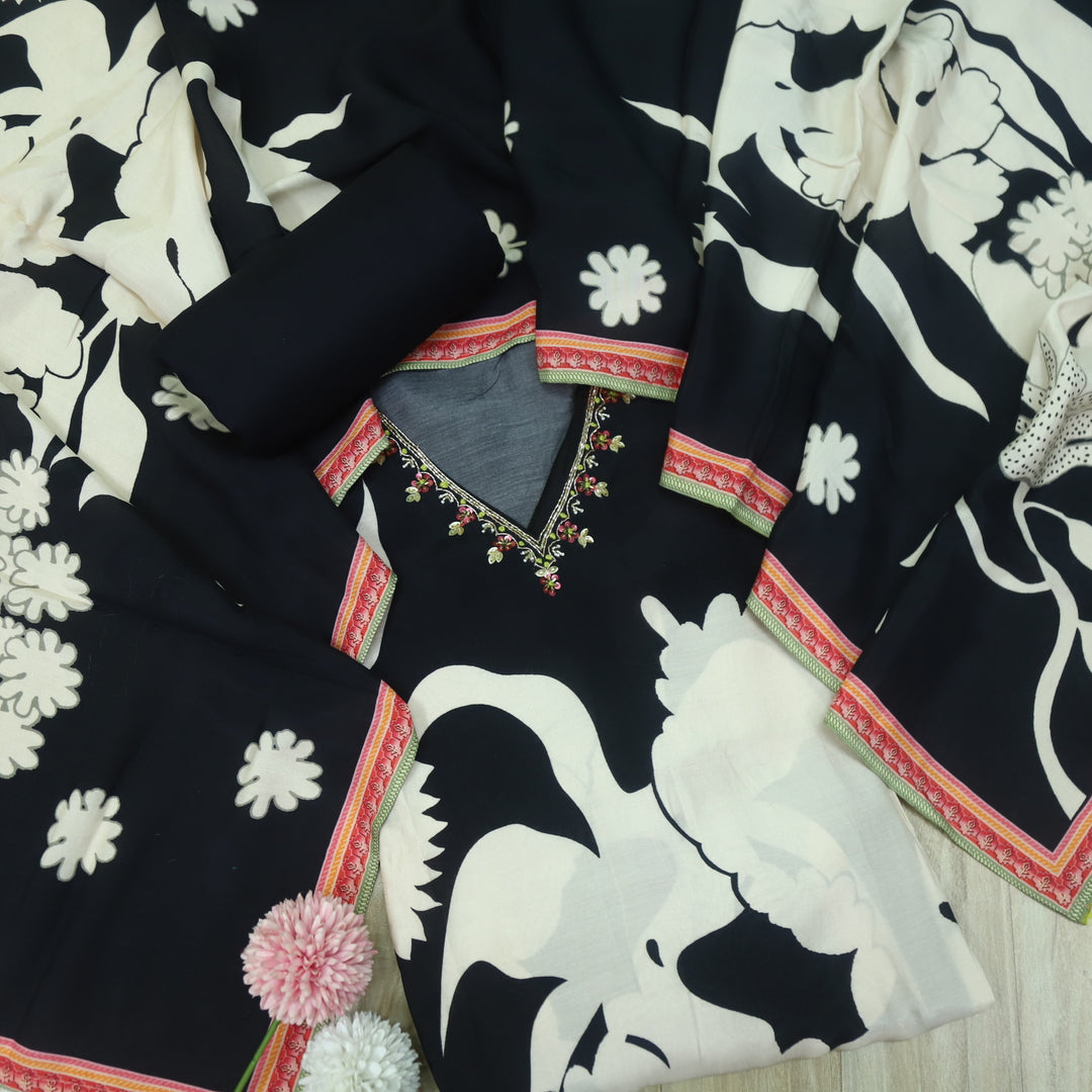 Naina Ebony Black V Embellished Neck Work Floral Printed Muslin Suit Set
