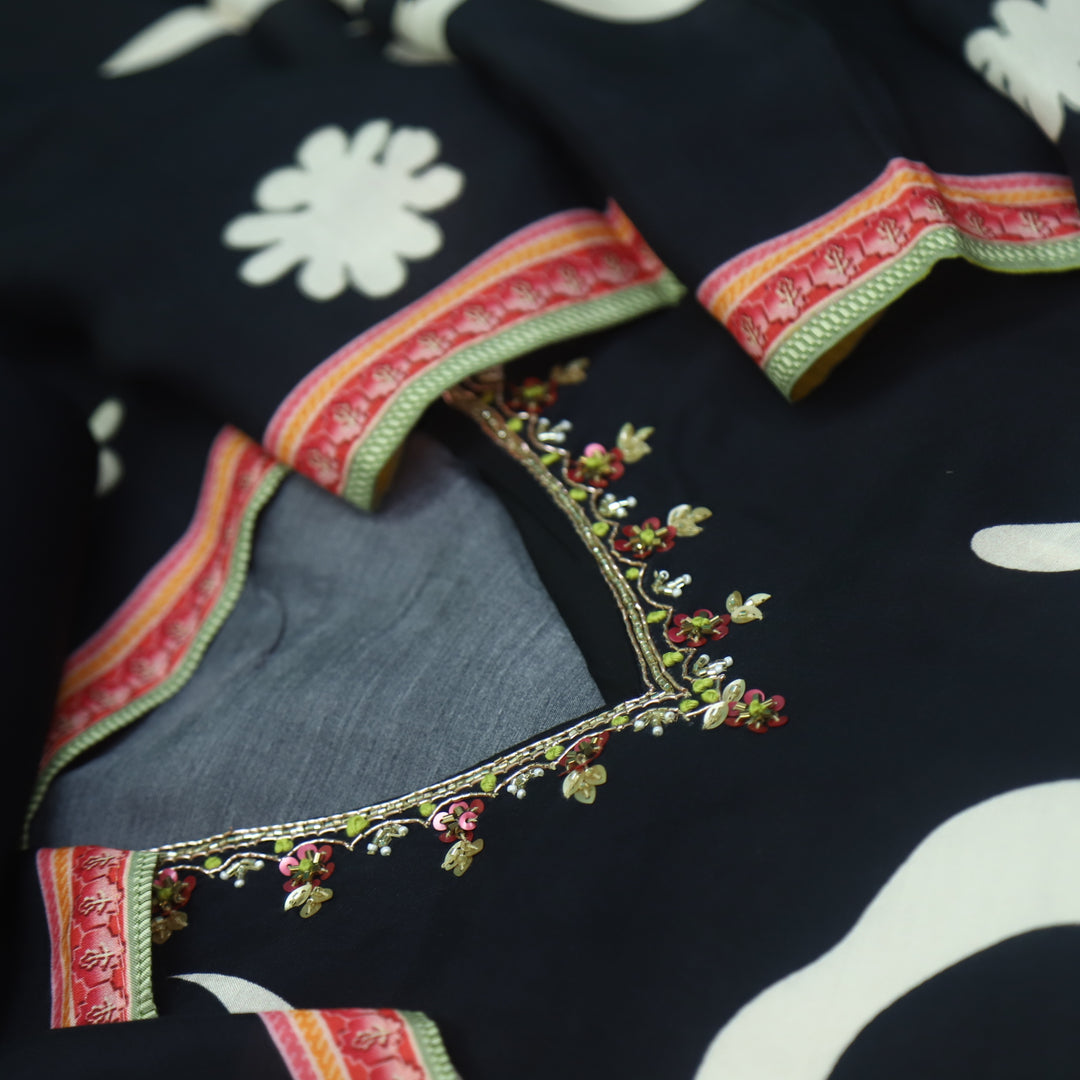 Naina Ebony Black V Embellished Neck Work Floral Printed Muslin Suit Set
