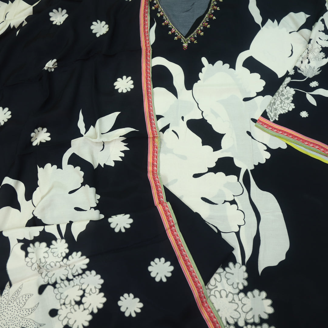 Naina Ebony Black V Embellished Neck Work Floral Printed Muslin Suit Set