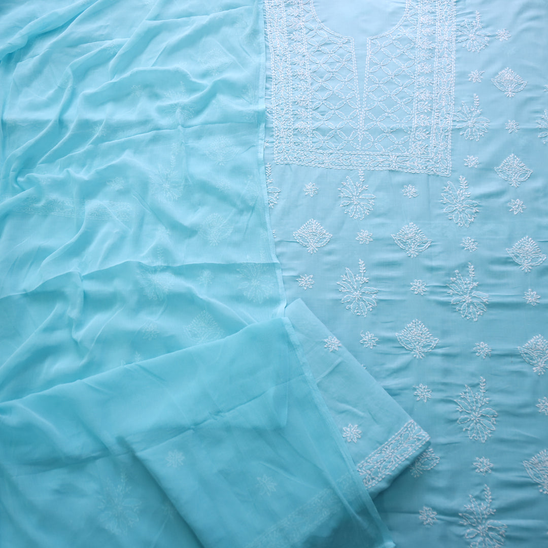 Mohataaz Arctic Blue Authentic Chikankari Cotton Top with Chiffon Dupatta-D4