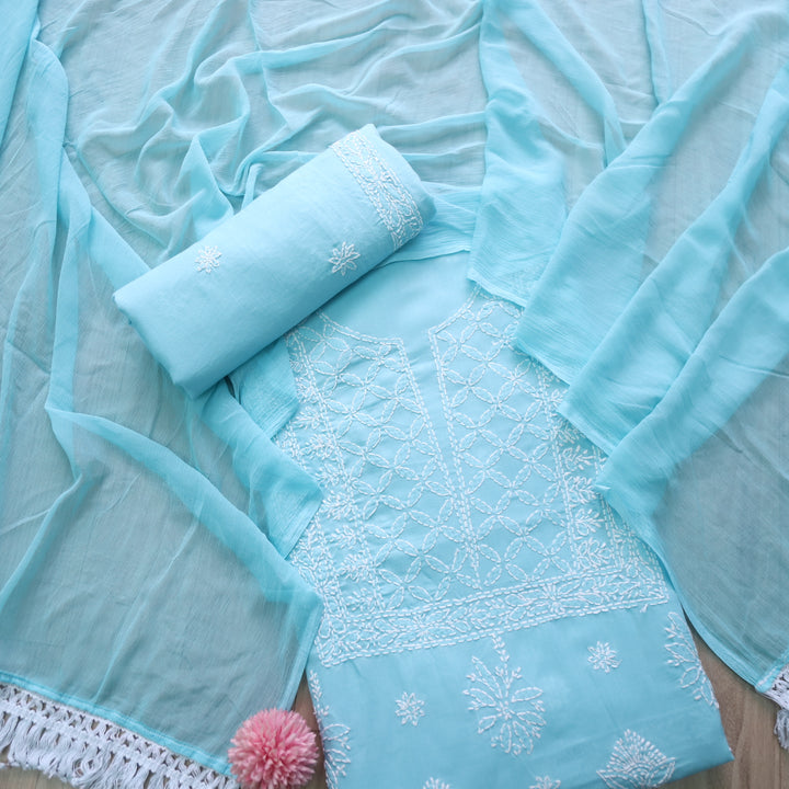 Mohataaz Arctic Blue Authentic Chikankari Cotton Top with Chiffon Dupatta-D4