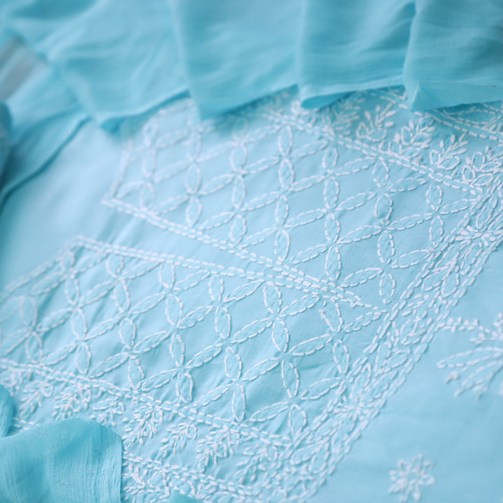 Mohataaz Arctic Blue Authentic Chikankari Cotton Top with Chiffon Dupatta-D4