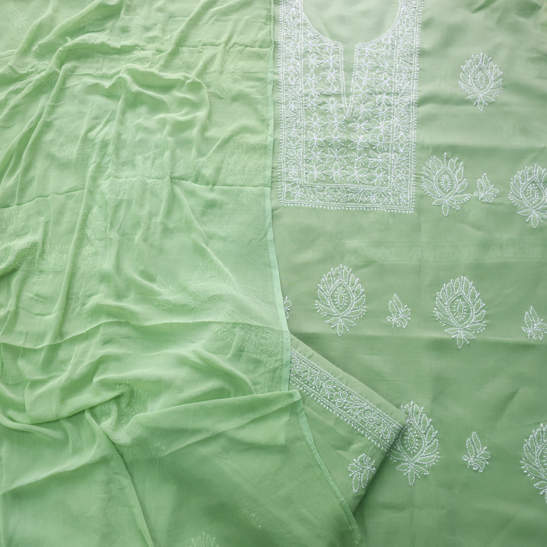 Mohataaz Parrot Green Authentic Chikankari Cotton Top with Chiffon Dupatta-D1