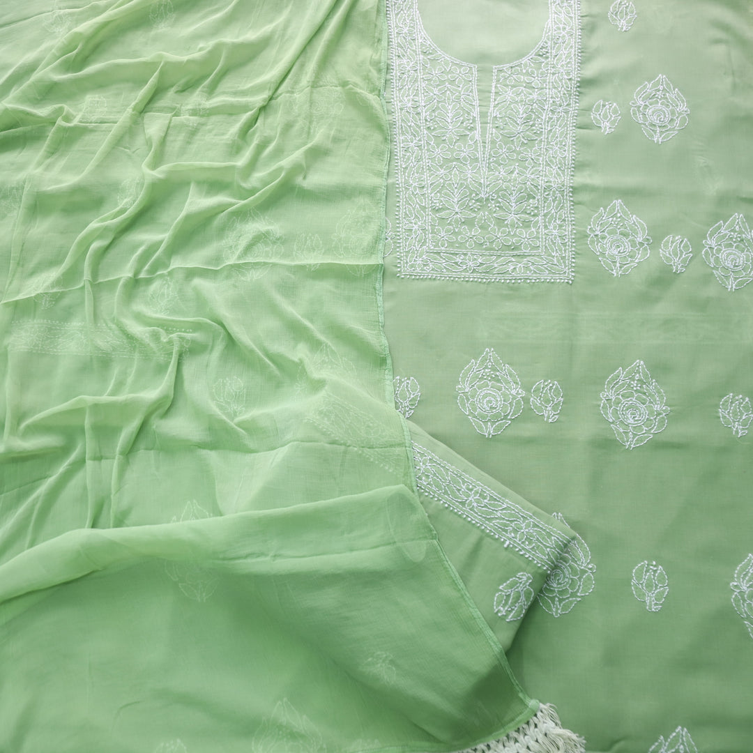 Mohataaz Parrot Green Authentic Chikankari Cotton Top with Chiffon Dupatta-D3