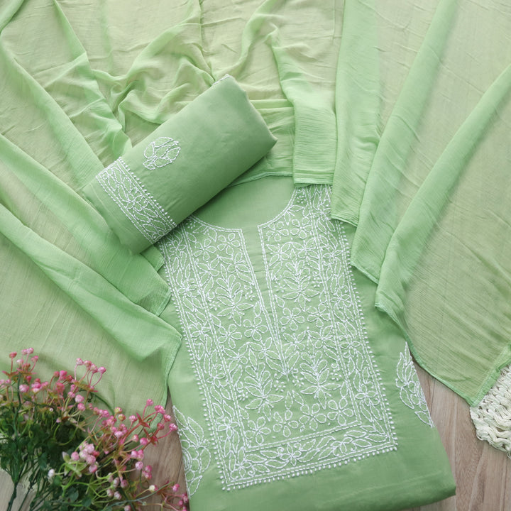 Mohataaz Parrot Green Authentic Chikankari Cotton Top with Chiffon Dupatta-D3