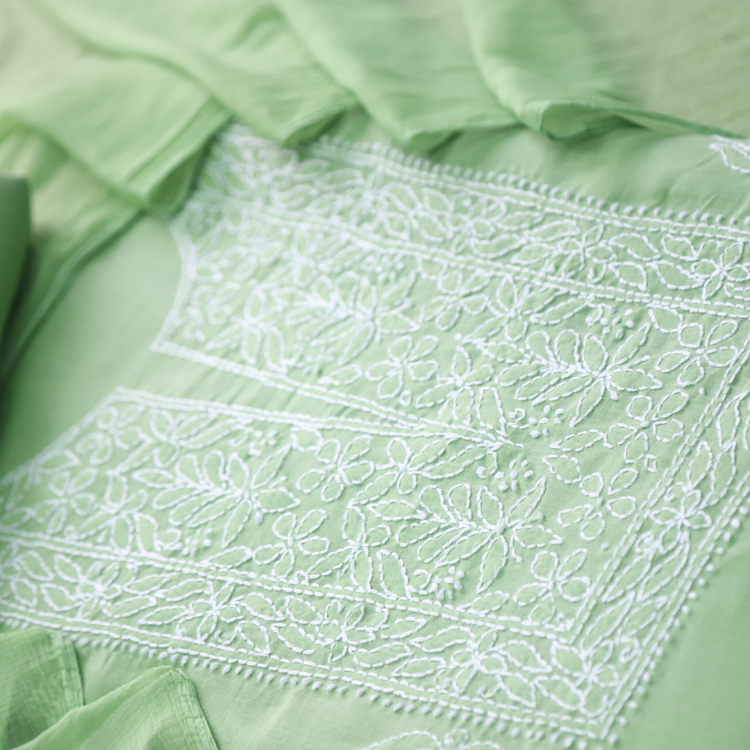 Mohataaz Parrot Green Authentic Chikankari Cotton Top with Chiffon Dupatta-D3