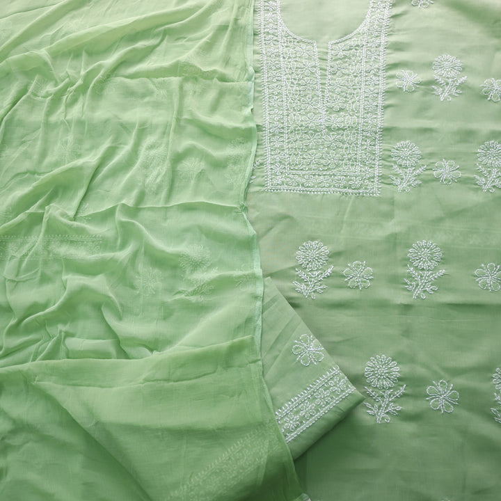 Mohataaz Parrot Green Authentic Chikankari Cotton Top with Chiffon Dupatta-D2
