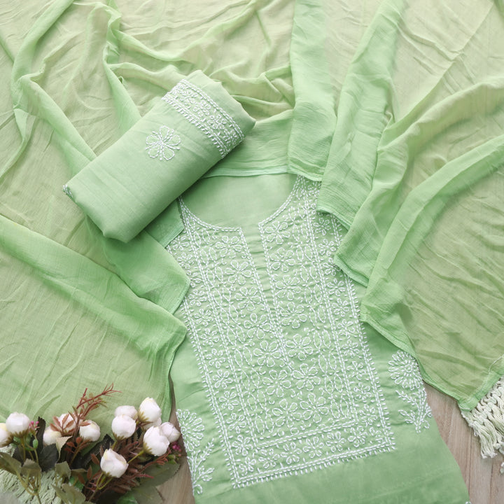 Mohataaz Parrot Green Authentic Chikankari Cotton Top with Chiffon Dupatta-D2