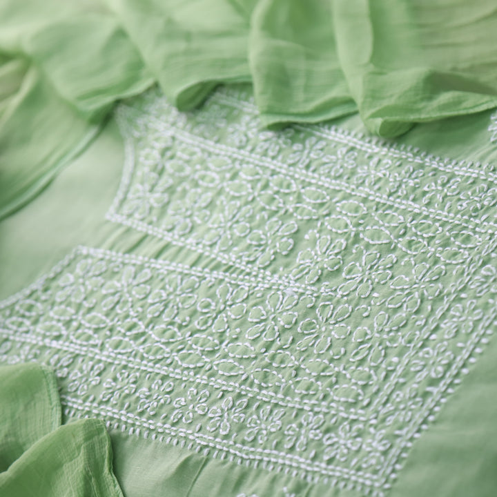 Mohataaz Parrot Green Authentic Chikankari Cotton Top with Chiffon Dupatta-D2