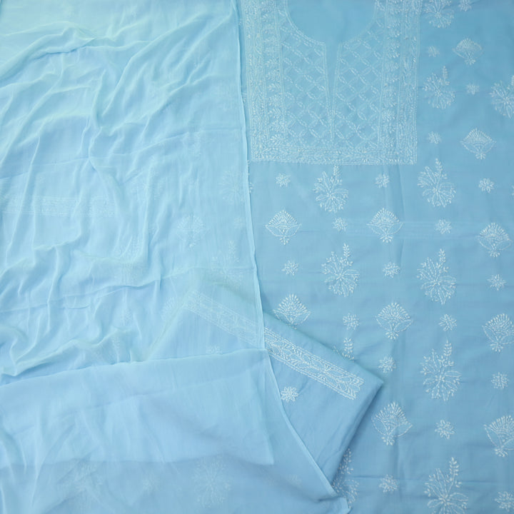 Mohataaz Frost Blue Authentic Chikankari Cotton Top with Chiffon Dupatta-D4