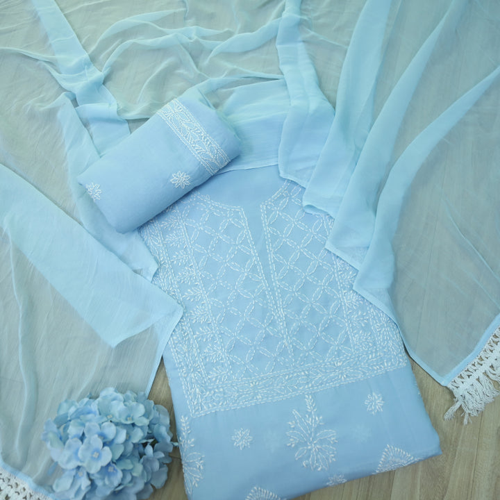 Mohataaz Frost Blue Authentic Chikankari Cotton Top with Chiffon Dupatta-D4
