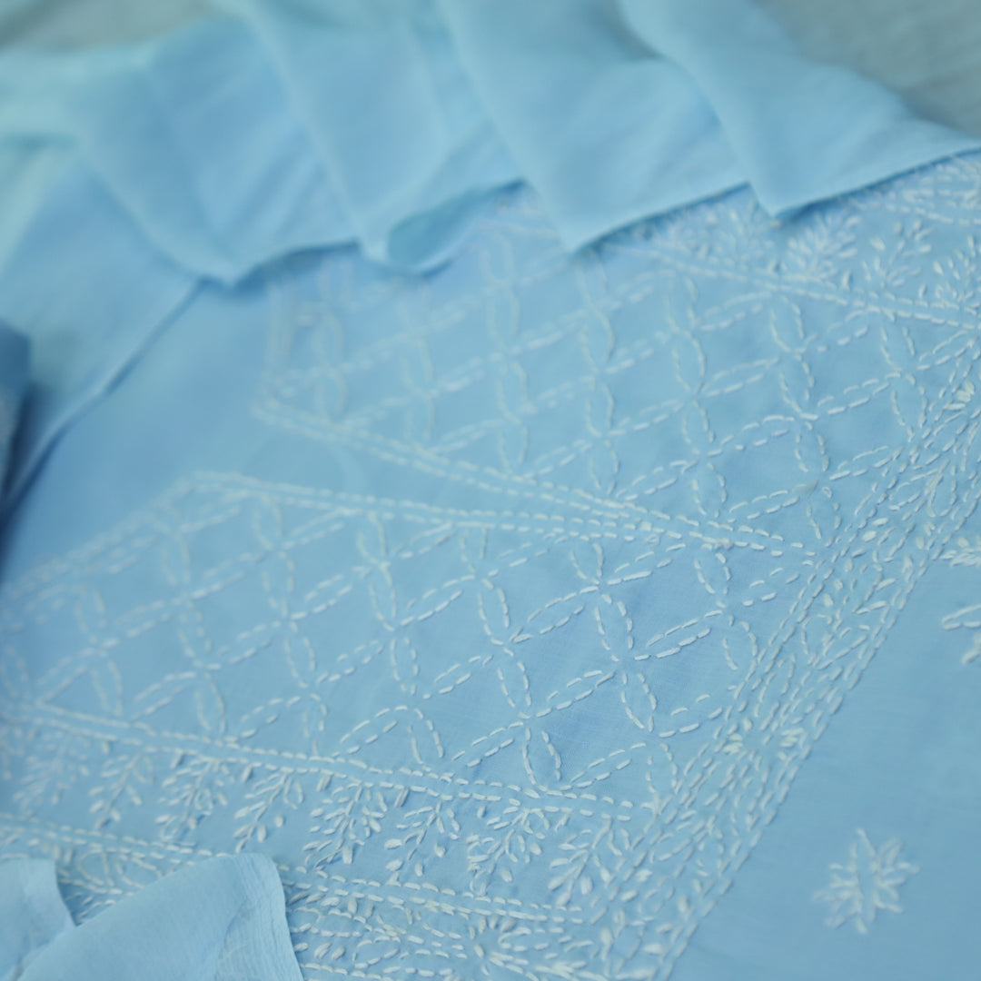 Mohataaz Frost Blue Authentic Chikankari Cotton Top with Chiffon Dupatta-D4