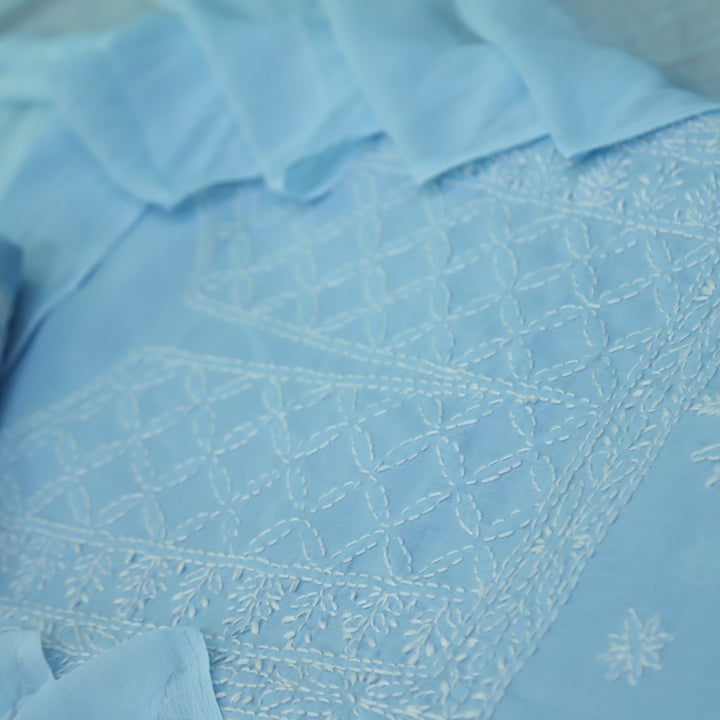 Mohataaz Frost Blue Authentic Chikankari Cotton Top with Chiffon Dupatta-D4