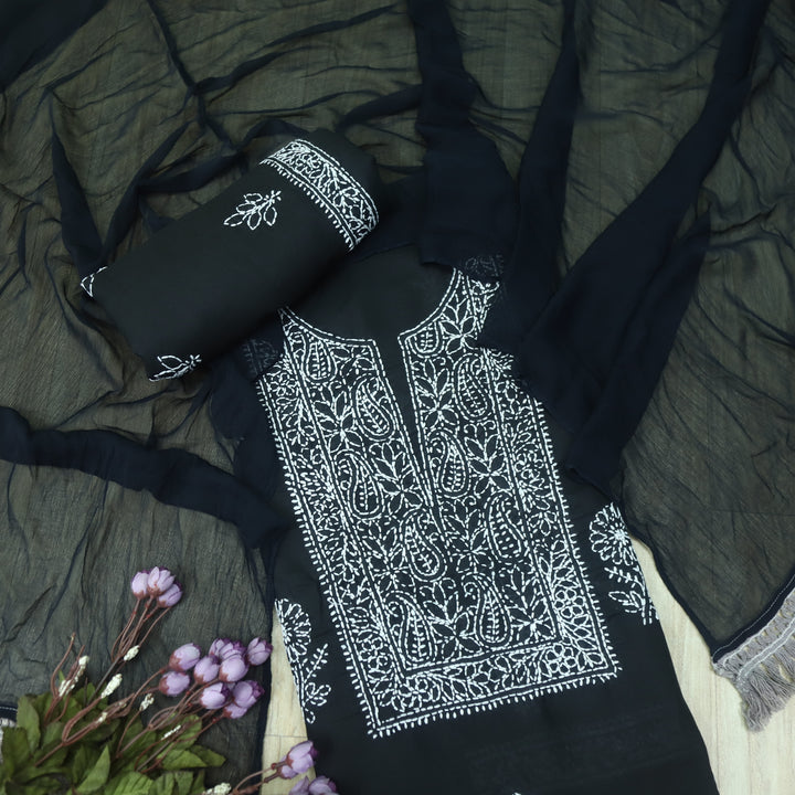 Mohataaz Black Authentic Chikankari Cotton Top with Chiffon Dupatta-D5