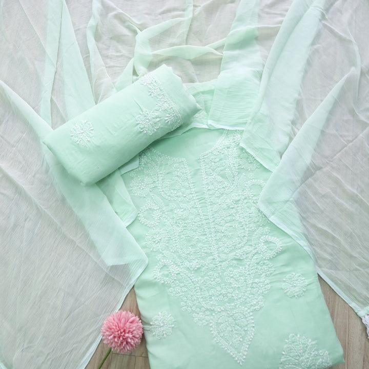 Mohataaz Mint Green Authentic Chikankari Cotton Top with Chiffon Dupatta-D6