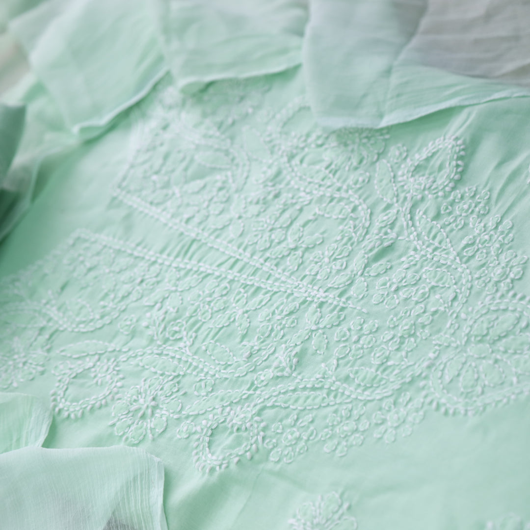 Mohataaz Mint Green Authentic Chikankari Cotton Top with Chiffon Dupatta-D6
