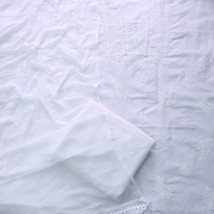 Mohataaz Pearl White Authentic Chikankari Cotton Top with Chiffon Dupatta-D1