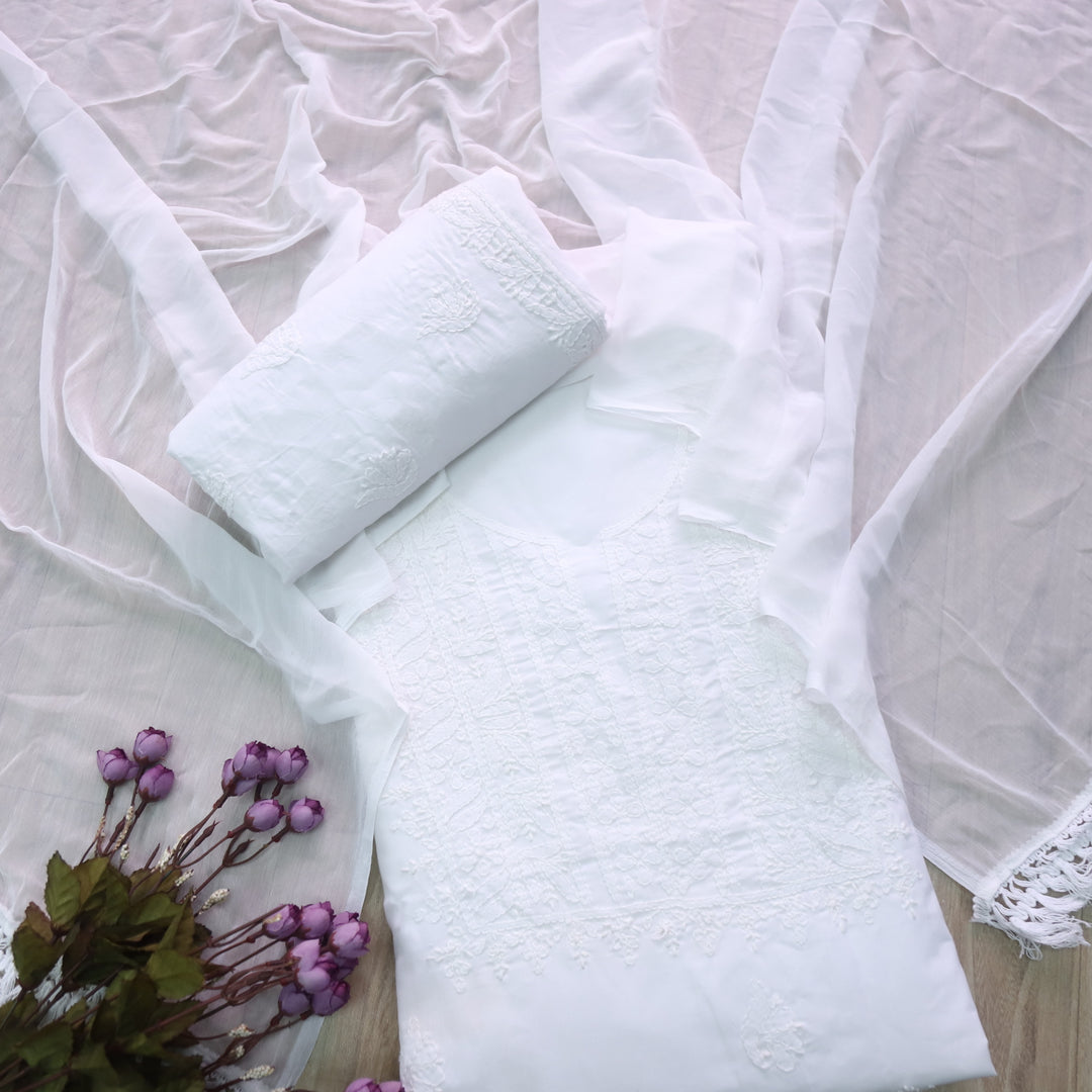 Mohataaz Pearl White Authentic Chikankari Cotton Top with Chiffon Dupatta-D1