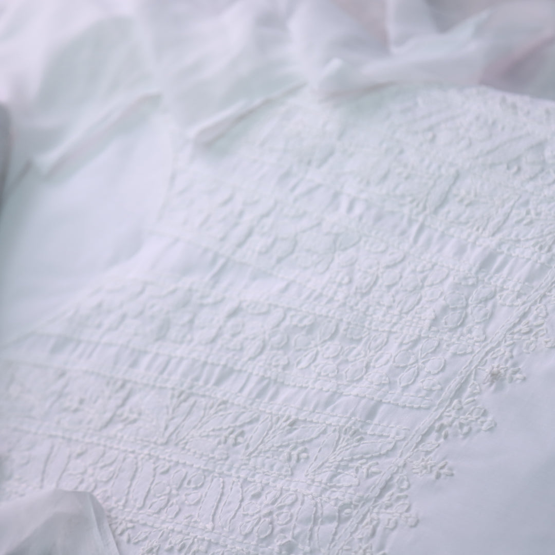 Mohataaz Pearl White Authentic Chikankari Cotton Top with Chiffon Dupatta-D1