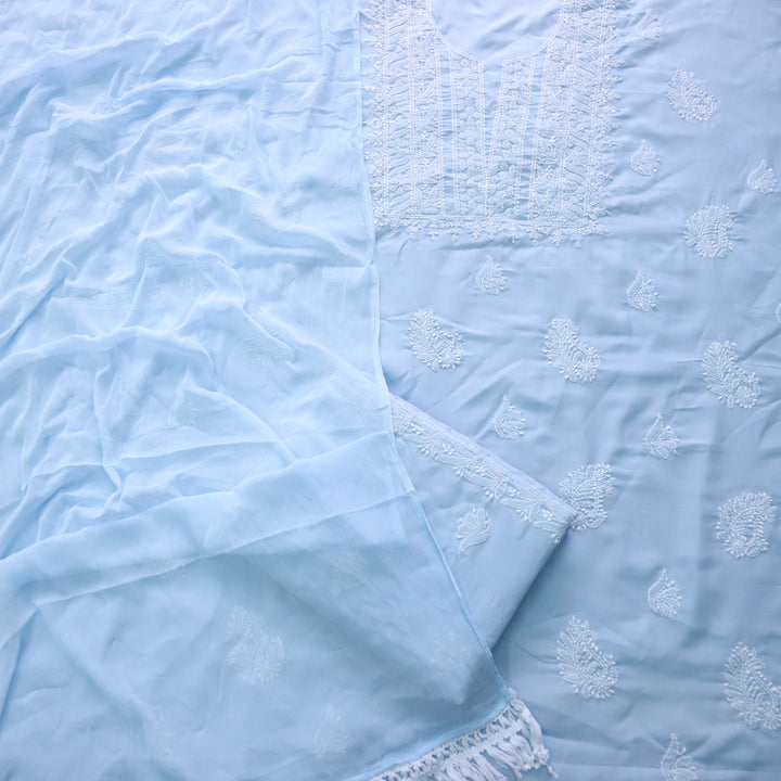 Mohataaz Frost Blue Authentic Chikankari Cotton Top with Chiffon Dupatta-D5