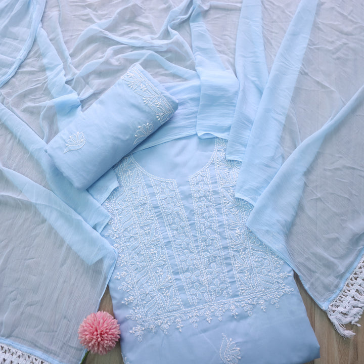 Mohataaz Frost Blue Authentic Chikankari Cotton Top with Chiffon Dupatta-D5