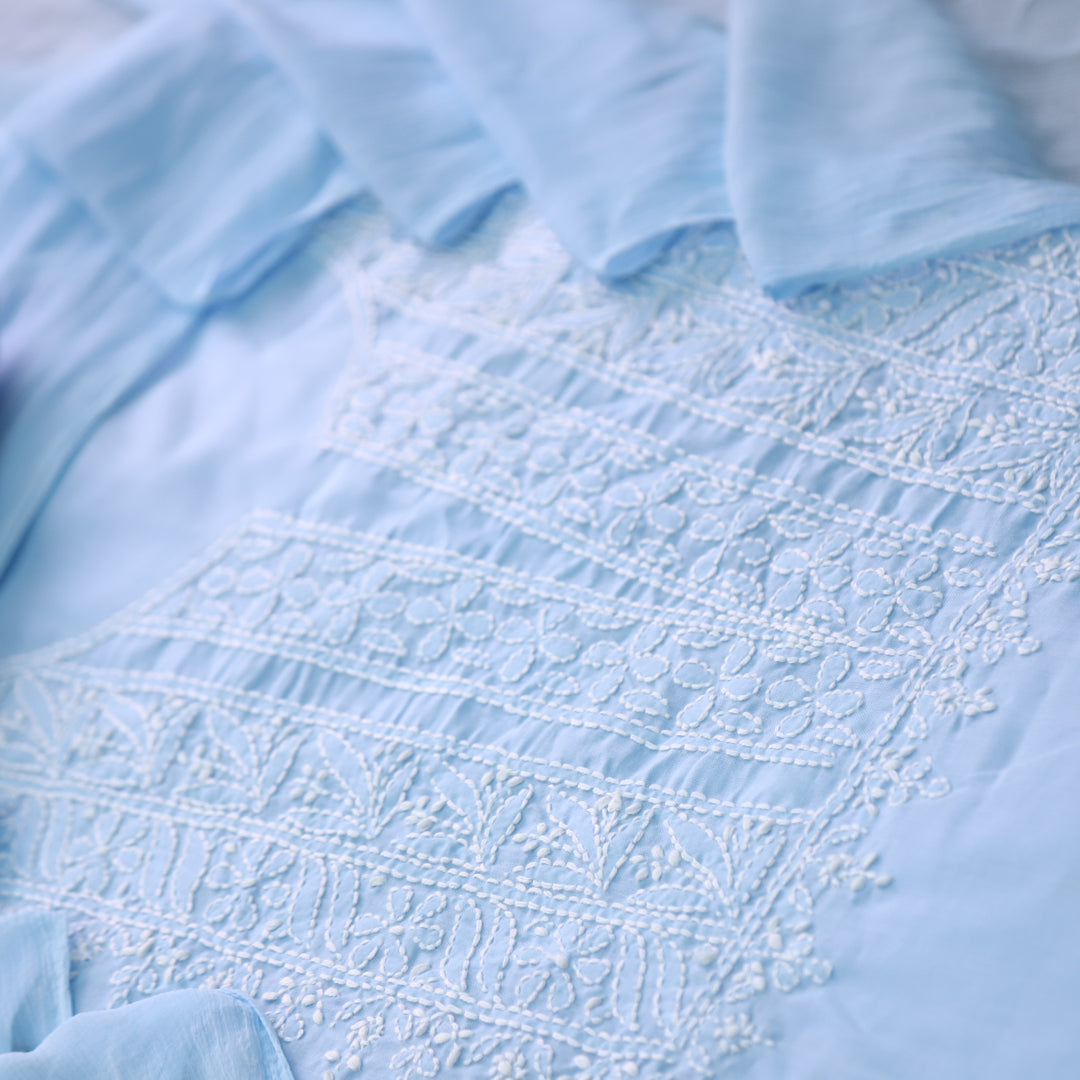 Mohataaz Frost Blue Authentic Chikankari Cotton Top with Chiffon Dupatta-D5