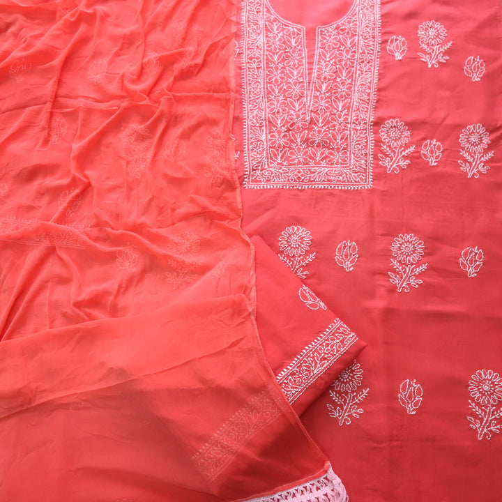 Mohataaz Coral Pink Authentic Chikankari Cotton Top with Chiffon Dupatta-D2