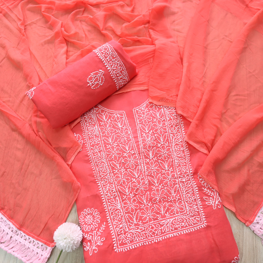 Mohataaz Coral Pink Authentic Chikankari Cotton Top with Chiffon Dupatta-D2