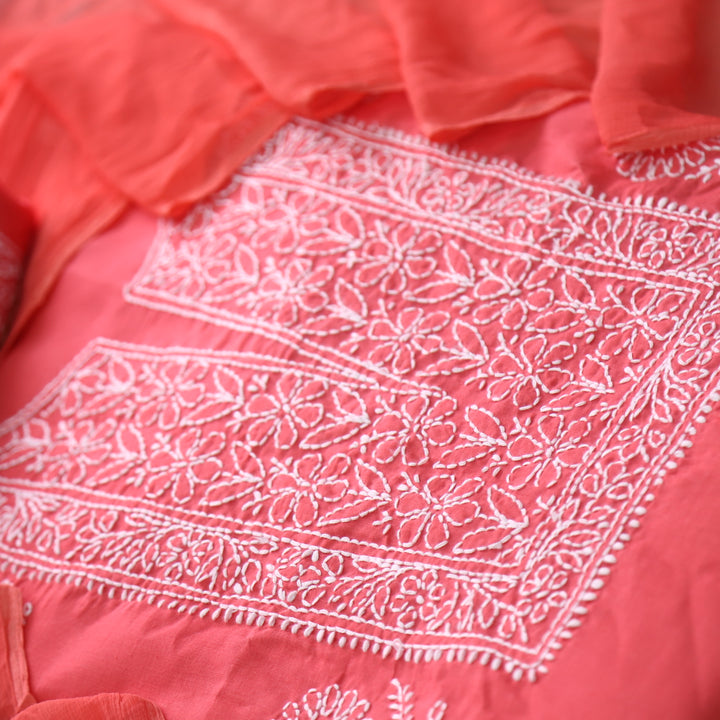 Mohataaz Coral Pink Authentic Chikankari Cotton Top with Chiffon Dupatta-D2