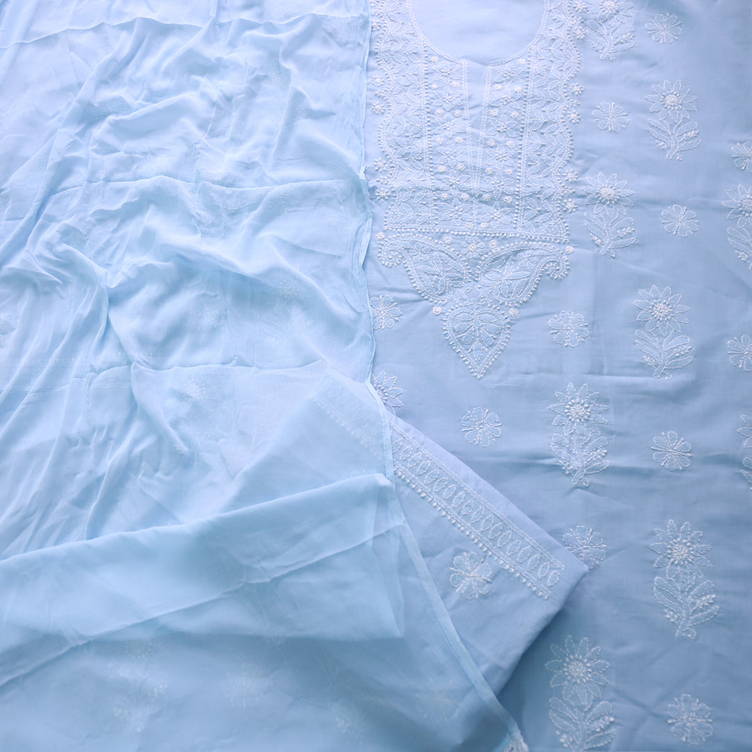 Mohataaz Frost Blue Authentic Chikankari Cotton Top with Chiffon Dupatta-D7