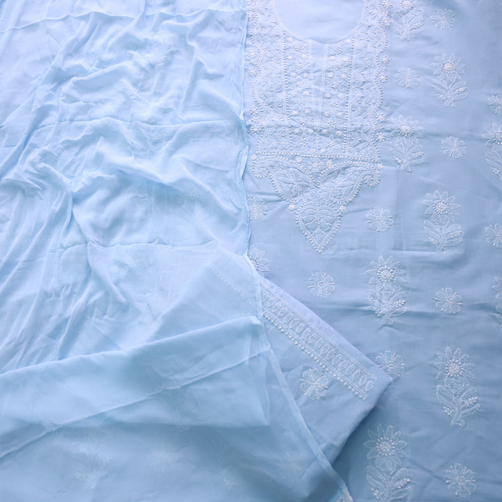 Mohataaz Frost Blue Authentic Chikankari Cotton Top with Chiffon Dupatta-D7
