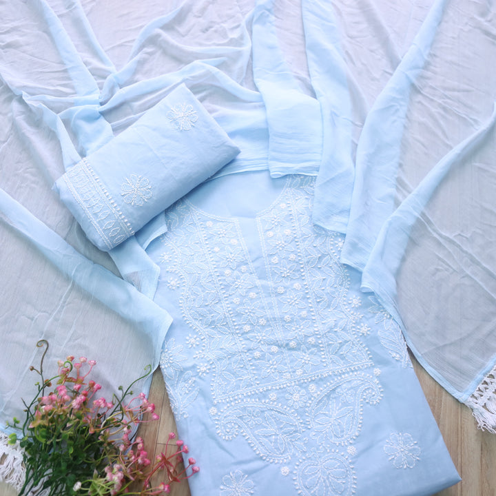Mohataaz Frost Blue Authentic Chikankari Cotton Top with Chiffon Dupatta-D7