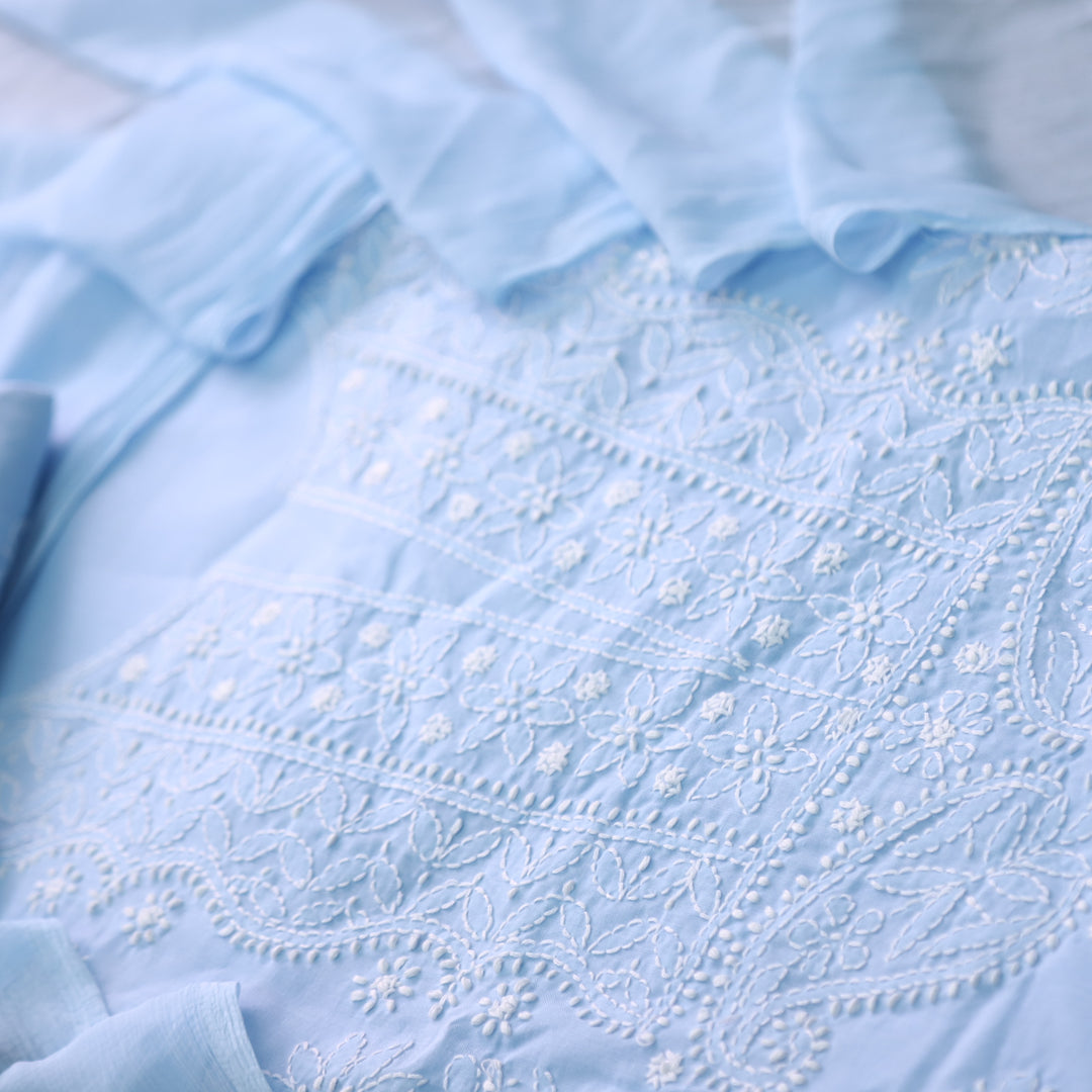 Mohataaz Frost Blue Authentic Chikankari Cotton Top with Chiffon Dupatta-D7