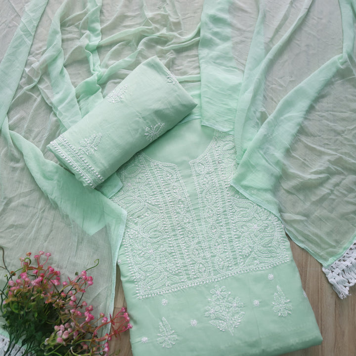 Mohataaz Mint Green Authentic Chikankari Cotton Top with Chiffon Dupatta-D5