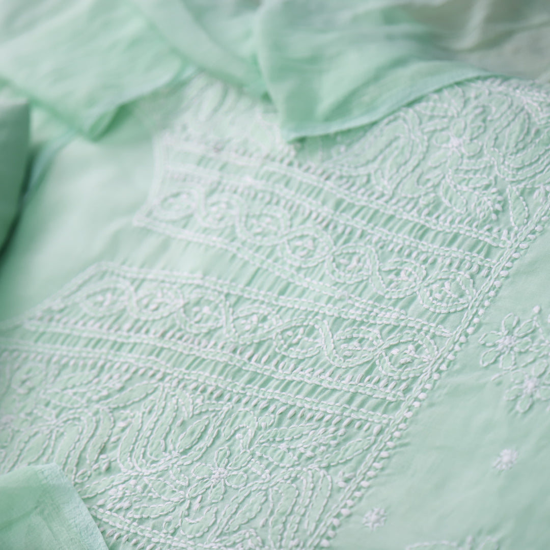 Mohataaz Mint Green Authentic Chikankari Cotton Top with Chiffon Dupatta-D5
