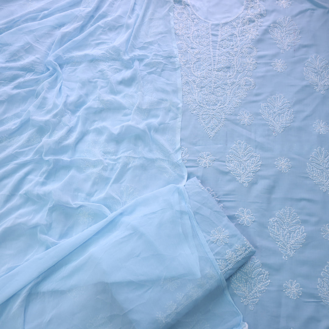 Mohataaz Frost Blue Authentic Chikankari Cotton Top with Chiffon Dupatta-D6