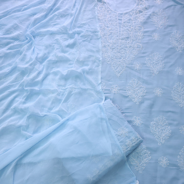 Mohataaz Frost Blue Authentic Chikankari Cotton Top with Chiffon Dupatta-D6