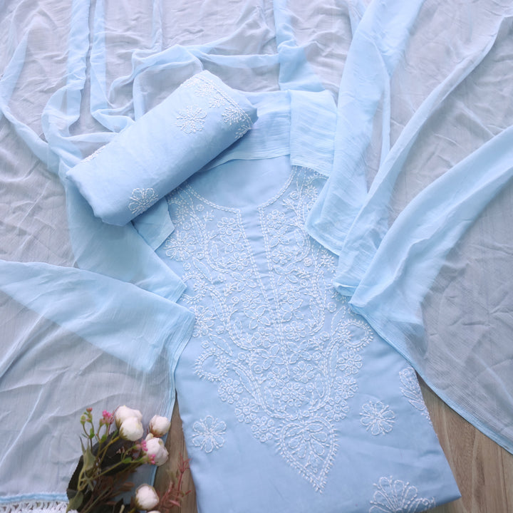 Mohataaz Frost Blue Authentic Chikankari Cotton Top with Chiffon Dupatta-D6