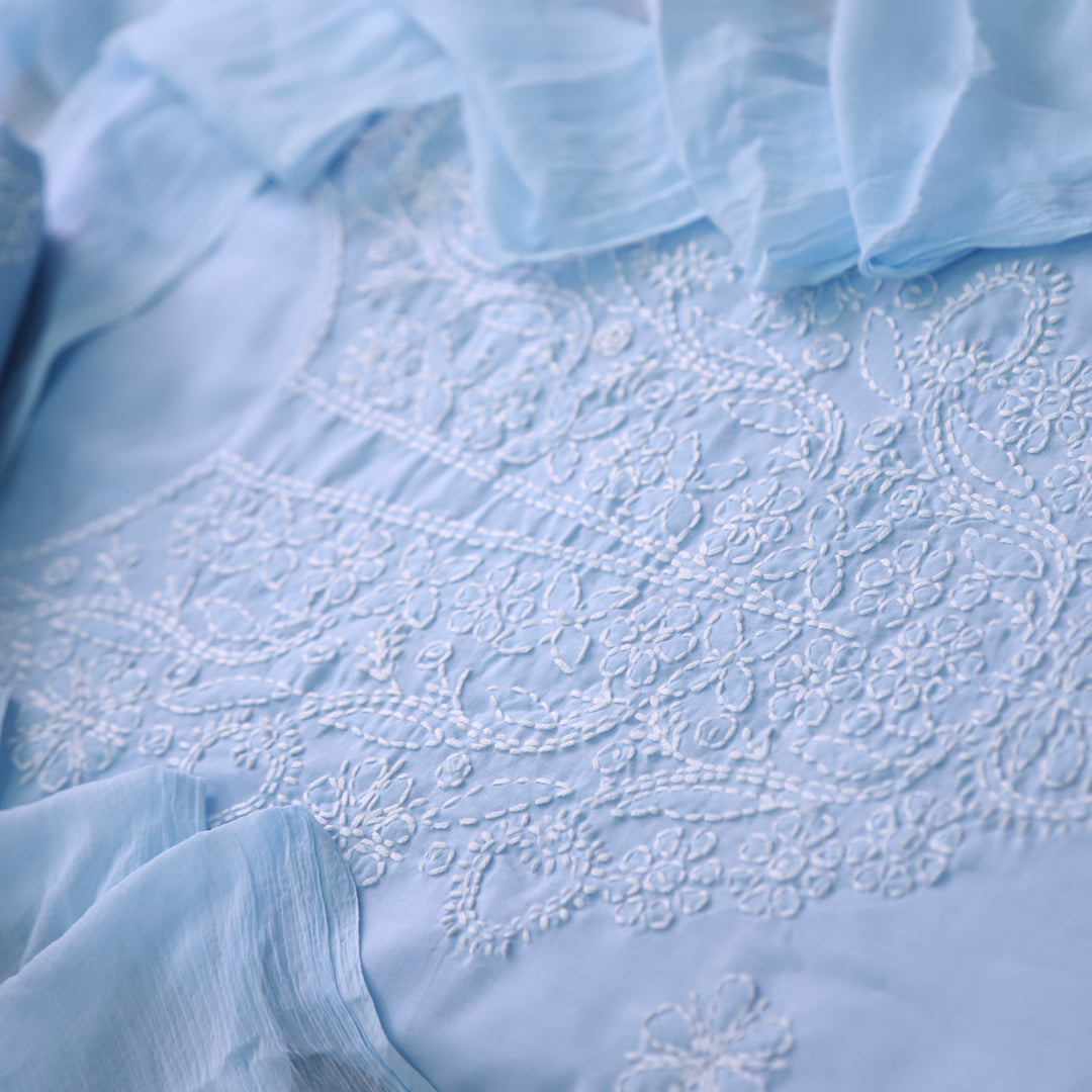 Mohataaz Frost Blue Authentic Chikankari Cotton Top with Chiffon Dupatta-D6