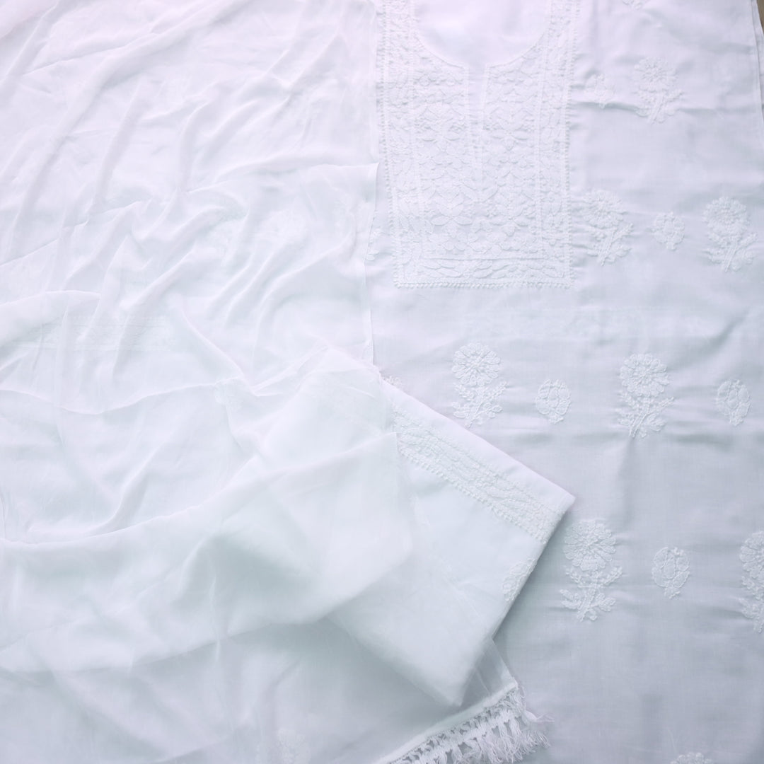 Mohataaz Pearl White Authentic Chikankari Cotton Top with Chiffon Dupatta-D4