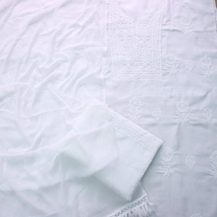 Mohataaz Pearl White Authentic Chikankari Cotton Top with Chiffon Dupatta-D4
