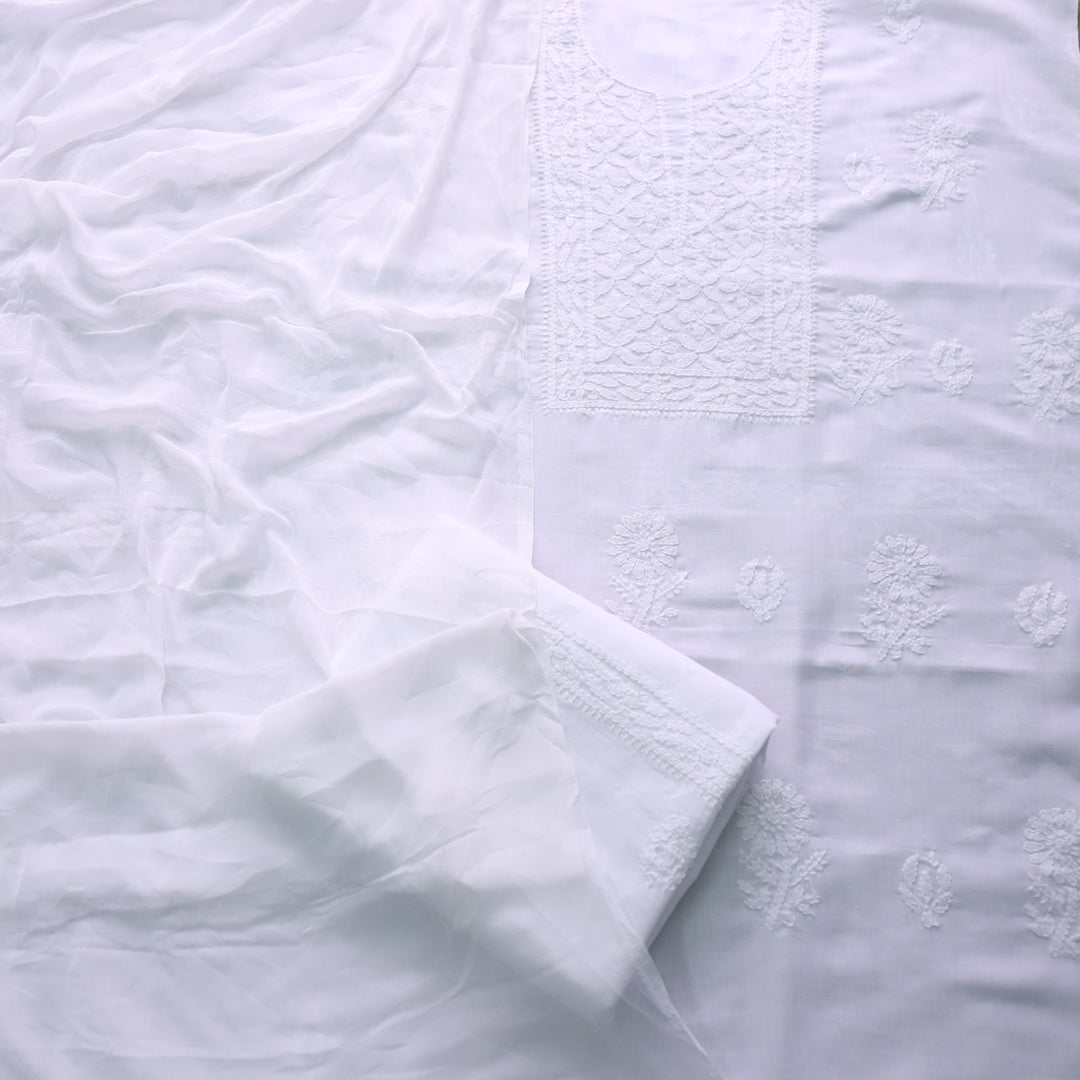Mohataaz Pearl White Authentic Chikankari Cotton Top with Chiffon Dupatta-D2