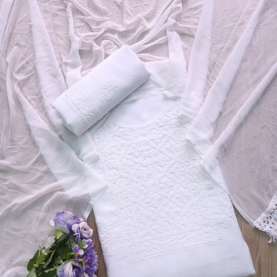 Mohataaz Pearl White Authentic Chikankari Cotton Top with Chiffon Dupatta-D2
