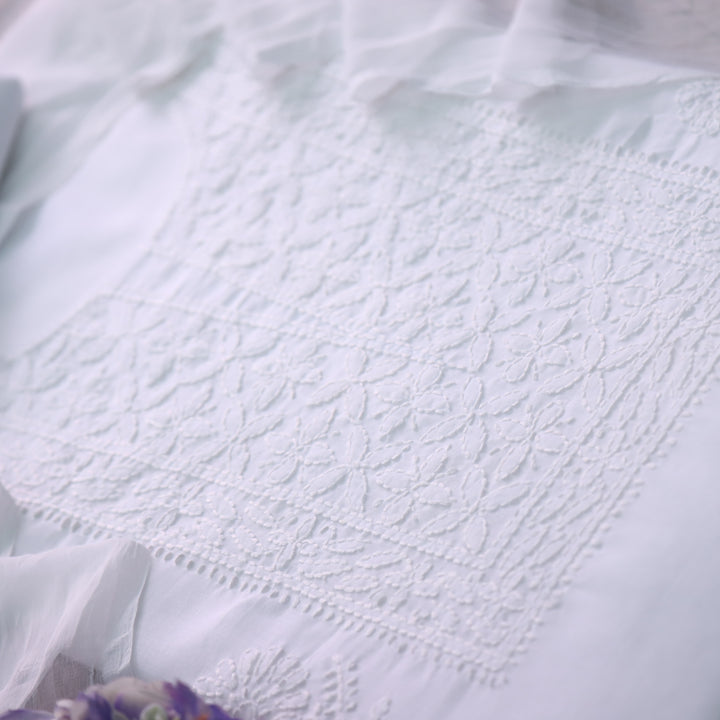 Mohataaz Pearl White Authentic Chikankari Cotton Top with Chiffon Dupatta-D2