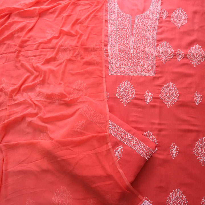 Mohataaz Coral Pink Authentic Chikankari Cotton Top with Chiffon Dupatta-D1