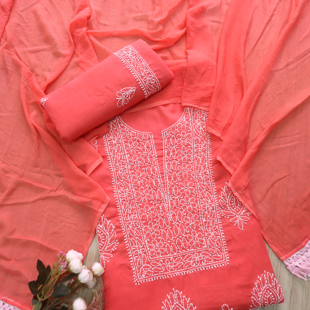 Mohataaz Coral Pink Authentic Chikankari Cotton Top with Chiffon Dupatta-D1