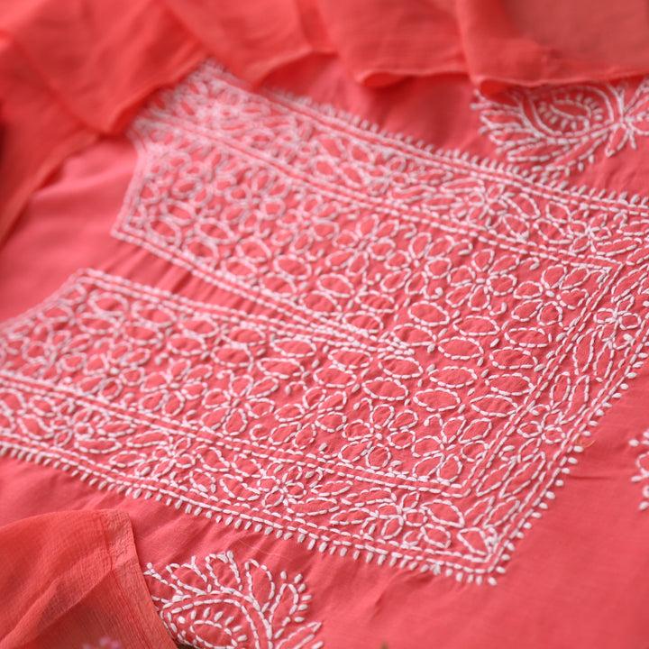 Mohataaz Coral Pink Authentic Chikankari Cotton Top with Chiffon Dupatta-D1